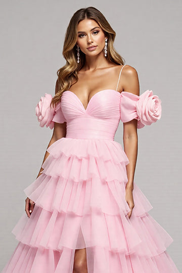 Cold Shoulder Pink A Line Prom Dress With Slit